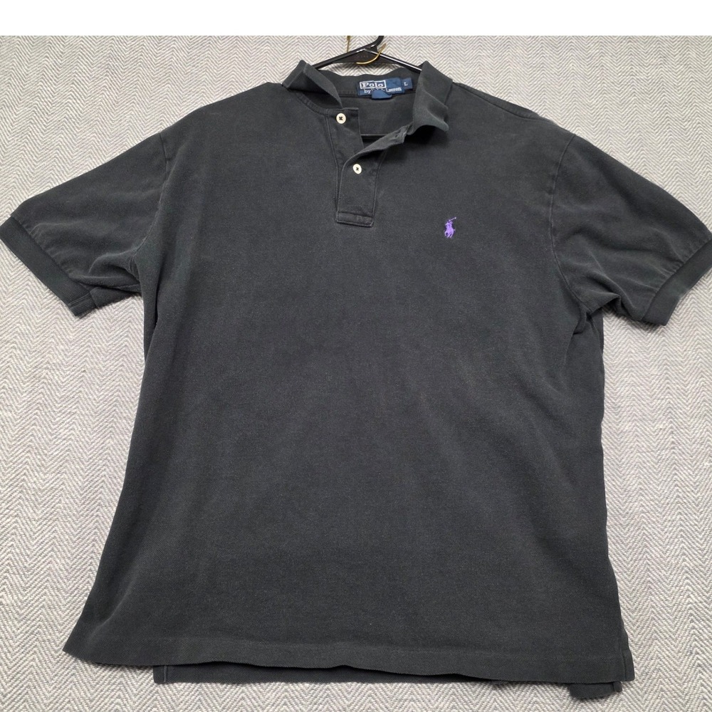 Polo‎ by Ralph Lauren Mens Large Black Pique Polo Shirt Purple Pony Logo L